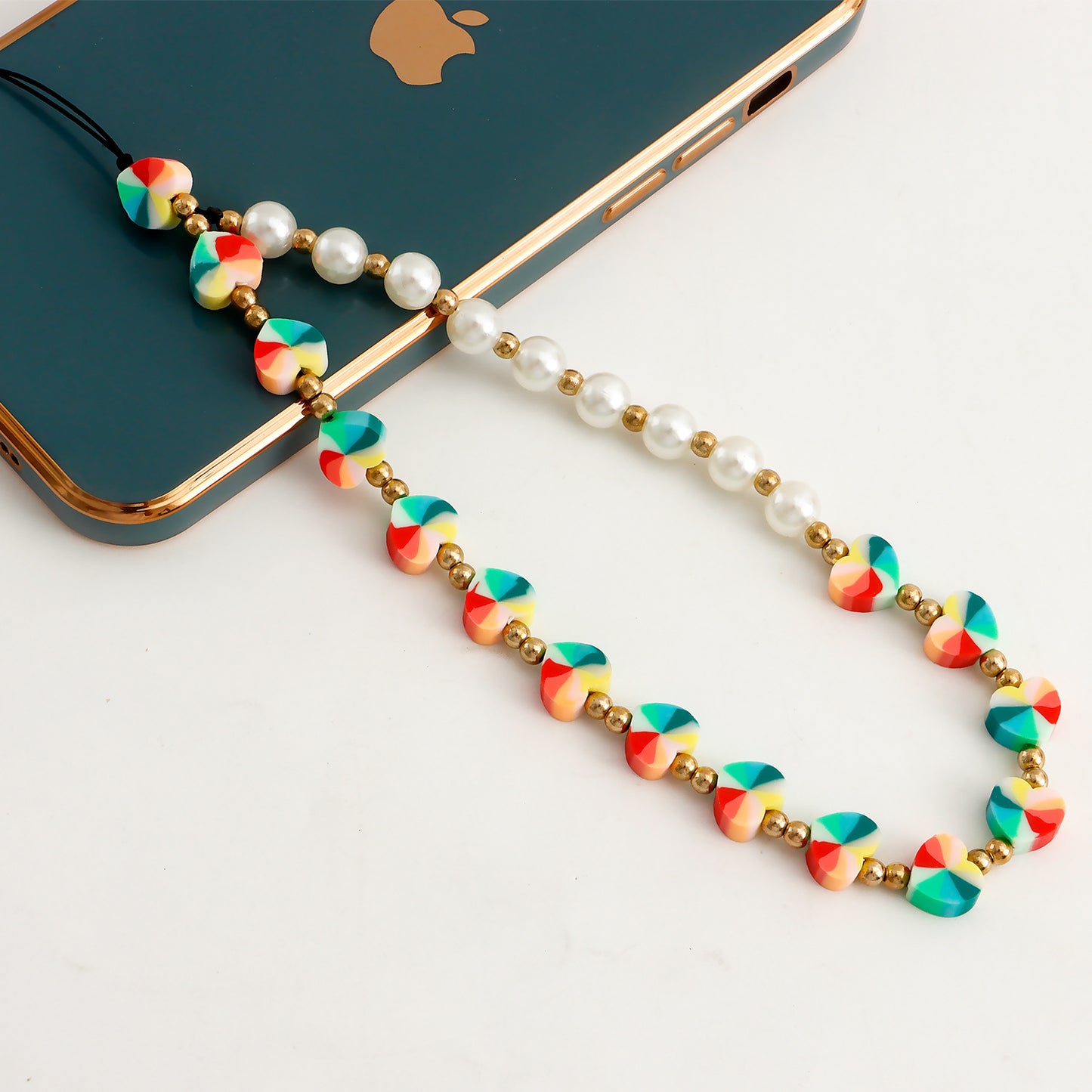 Sweet Minimalist Colorful Heart Alloy Plated Imitation Pearl Woven Phone Chain