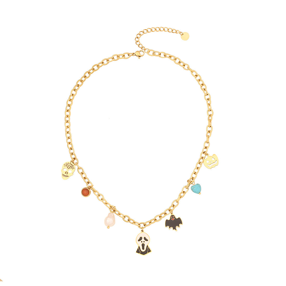 Collana con ciondolo teschio e zucca "Edgy" per Halloween da donna in acciaio inossidabile con finitura placcata