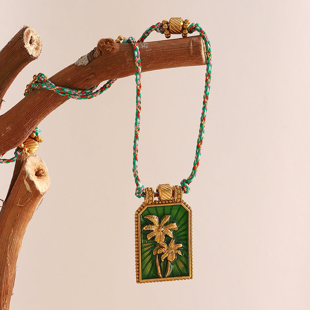Minimalist Geometric Stainless Steel Plated 18K Gold Coconut Tree Tarot Pendant Necklace for Women with Enamel Detail and Colorful Braided Cord