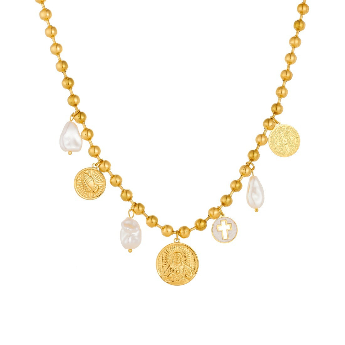 Vintage Gold Plated Stainless Steel Round Cross Relief Portrait Shell Pearl Necklace and Bracelet Set with Ball Chain