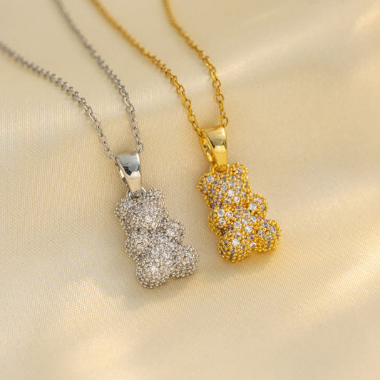 Dulce y Atrevido Collar de Oso con Colgante para Mujer en Acero de Titanio con Incrustaciones de Diamantes de Imitación, Diseño Minimalista de Cadena O
