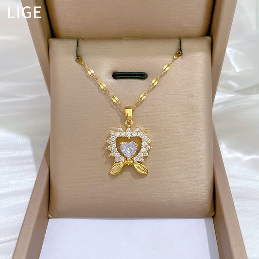 Elegant Heart Bow Pendant Necklace for Women Stainless Steel Chain with Rhinestone Accents Minimalist Geometric Design