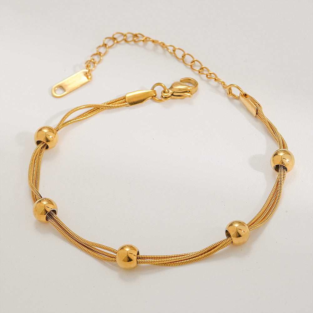 Minimalist Stainless Steel Layered Bracelet Set with 18K Gold Plated Small Beads and Gold Chain for Women