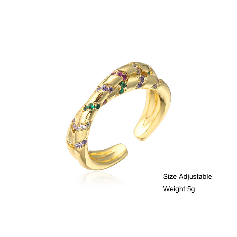 Geometric Brass Ring with Micro-Inlaid Cubic Zirconia and Gold Plated Finish for Women
