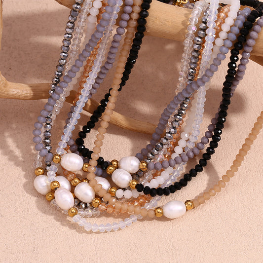 Collana con ciondolo in acciaio inossidabile geometrico vintage alla moda con perle d'acqua dolce e perline di cristallo chiaro da donna