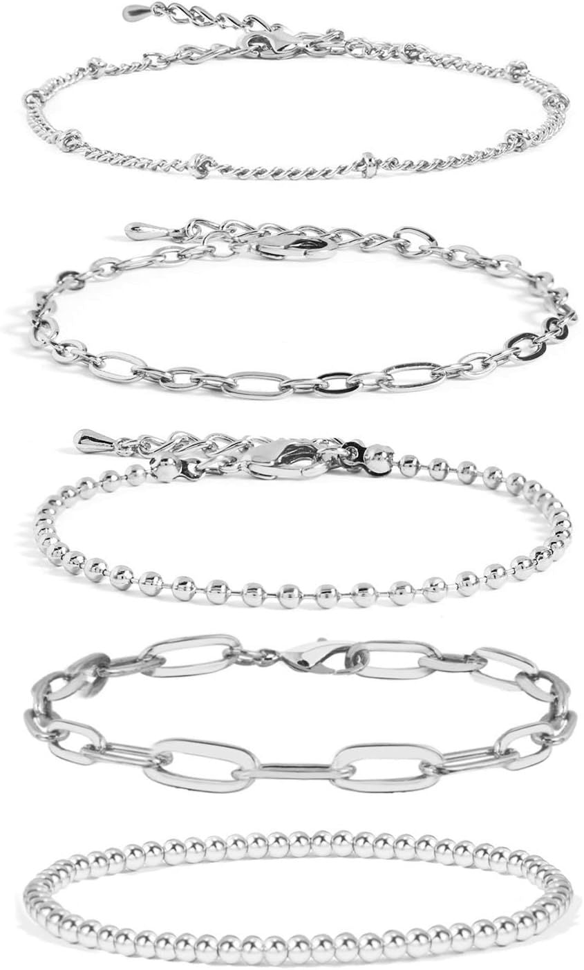 Bohemian Minimalist Geometric Plated Alloy Cuban Link Chain Pearl Bracelet Set for Women