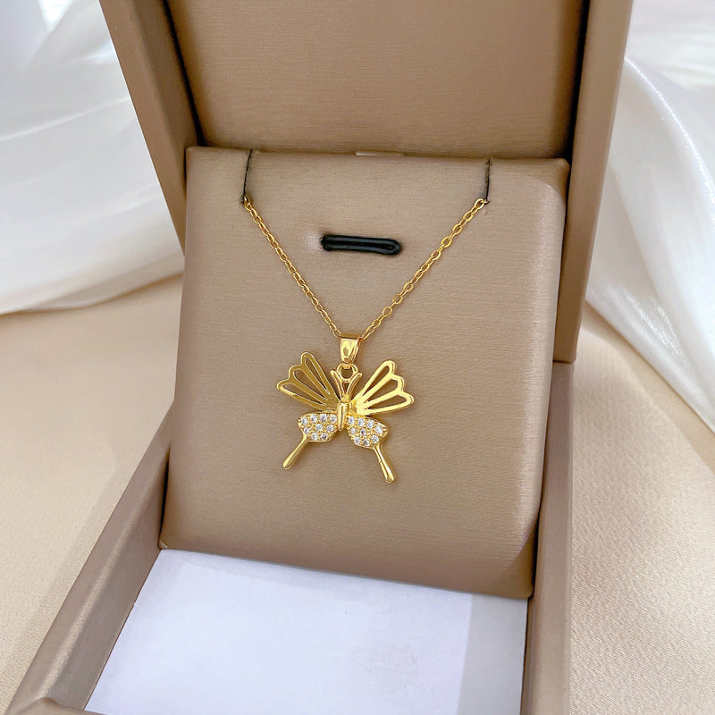 Minimalist Butterfly Pendant Necklace for Women and Men with Titanium Steel Chain, Hollow Design, Rhinestone Accented, Lightweight Locket Style