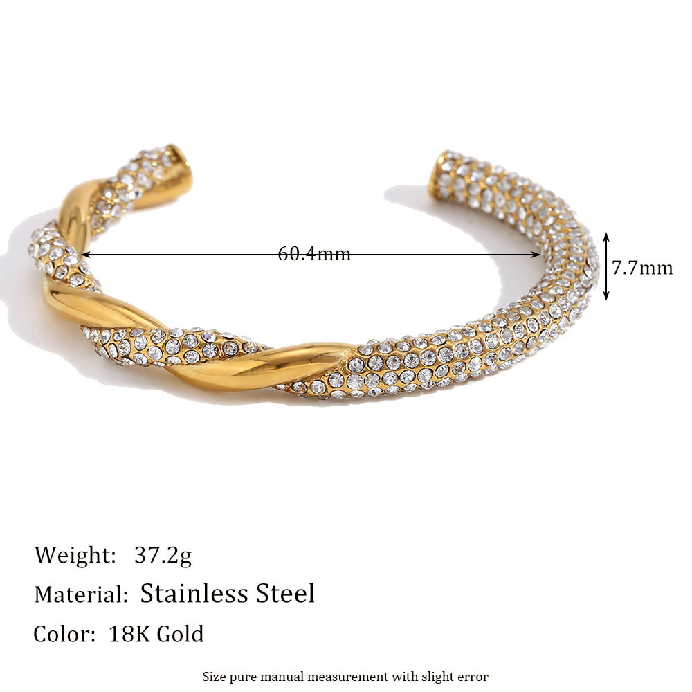 Fashionable Asymmetrical Braided Stainless Steel Bracelet with 18K Gold Plating and Rhinestone Accents