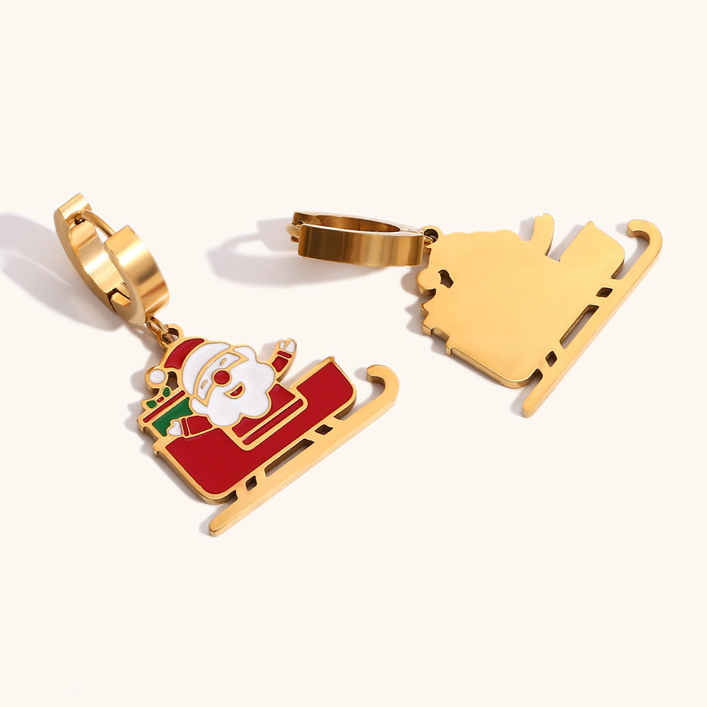 Orecchini di Babbo Natale da Cartone Animato per Donne, in Acciaio Inossidabile Placcato Oro 18K con Finitura Smaltata, Gioielli di Moda a Tema Festivo