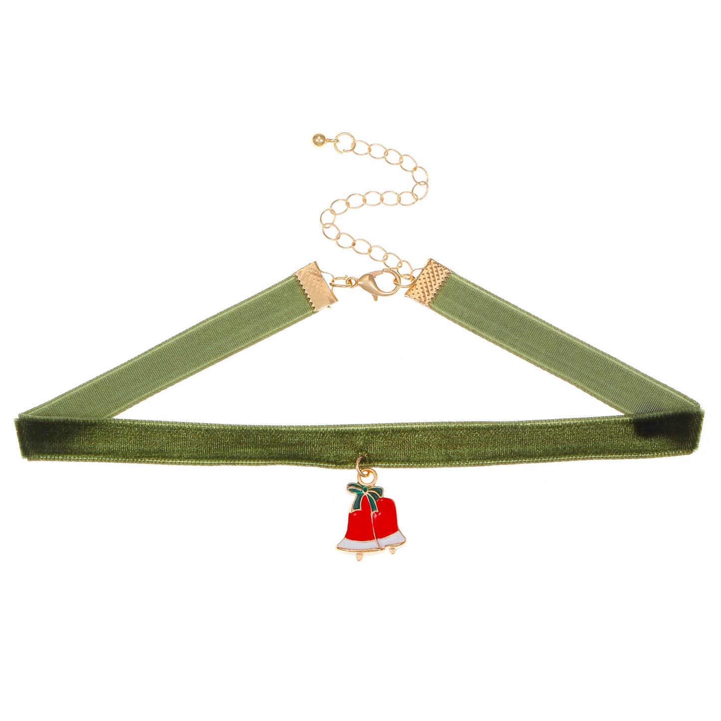 Collana girocollo vintage natalizia da donna con ciondolo a campana in lega, design geometrico, finitura galvanica, nastro in velluto regolabile