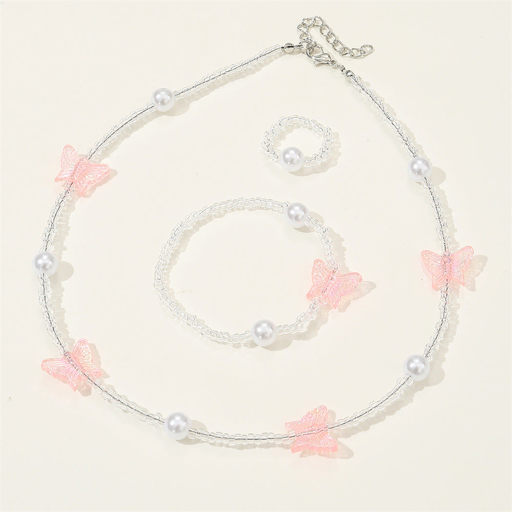 Precioso collar de resina con forma de mariposa para niñas con detalles de perlas, cadena de cuentas redondas, estilo princesa, para mayores de 6 años