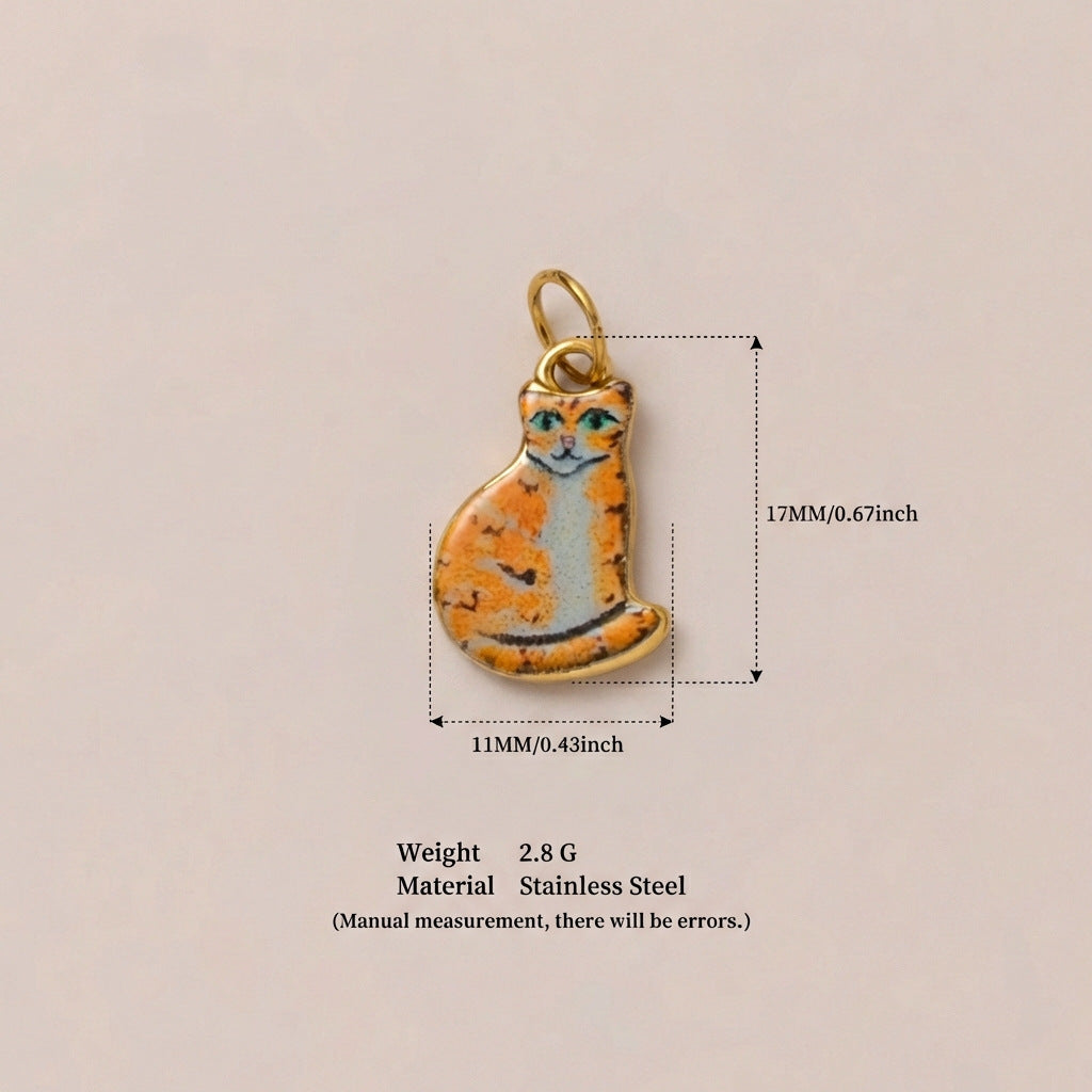 Cute Cat Animal Shape Stainless Steel Ceramic Drip Oil Plated Charm Bar Pendant