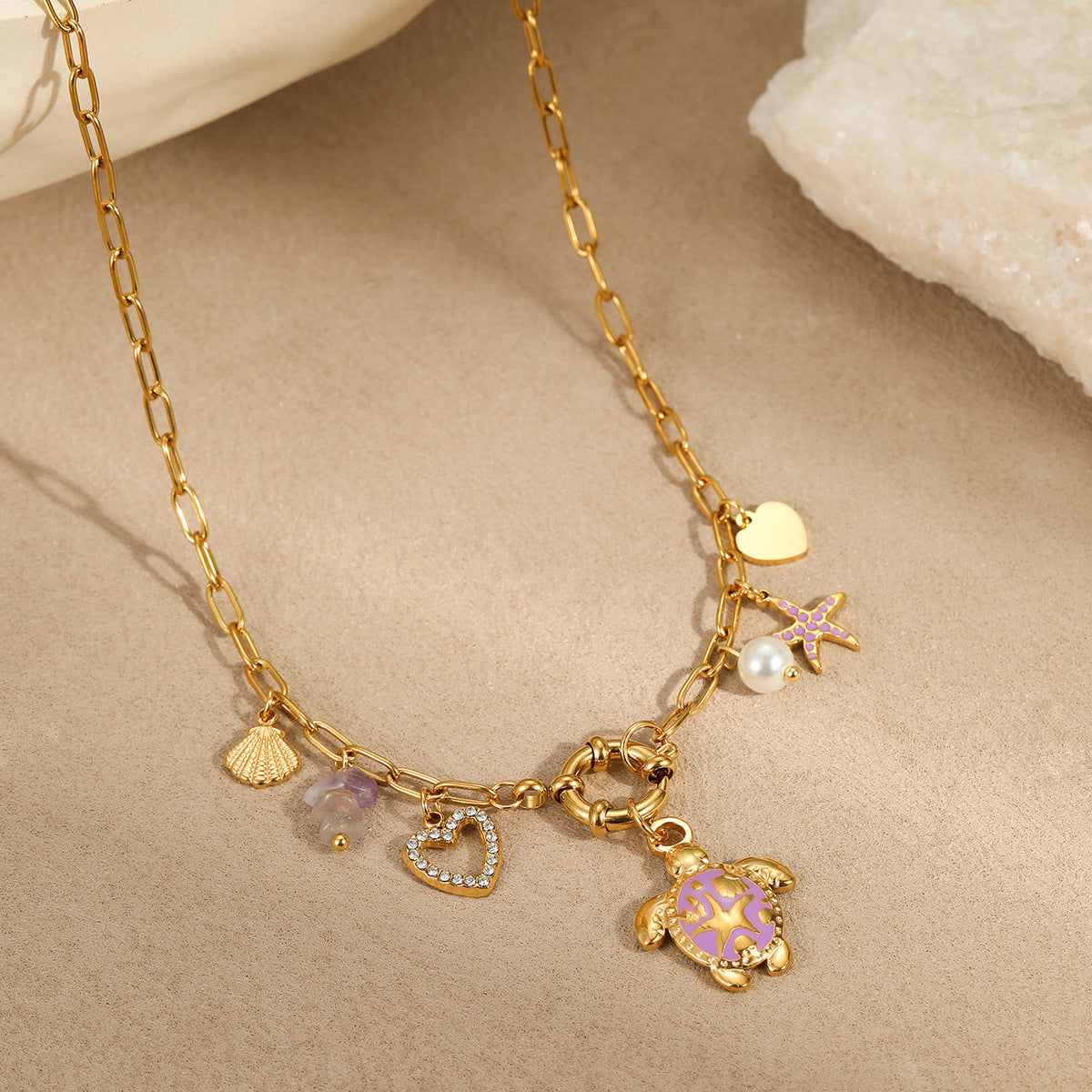 Fashionable Turtle Pendant Necklace in Stainless Steel with 18K Gold Plating, Geometric and Animal-Inspired Design for Women