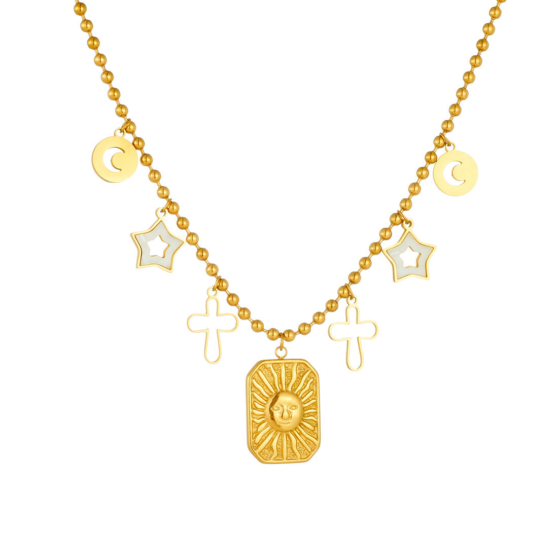 Vintage Luxury Gold Plated Geometric Star Moon Cross Stainless Steel Pendant Ball Chain Necklace for Women