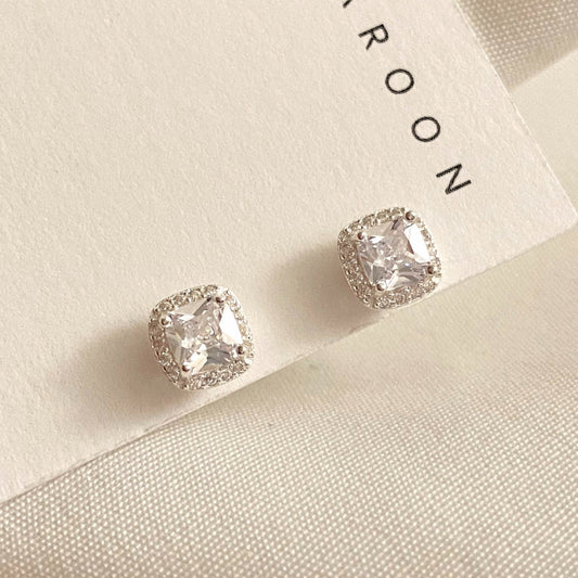 Minimalist Korean-Style Square-Cut Zirconia Stud Earrings in 925 Sterling Silver with Plated Finish