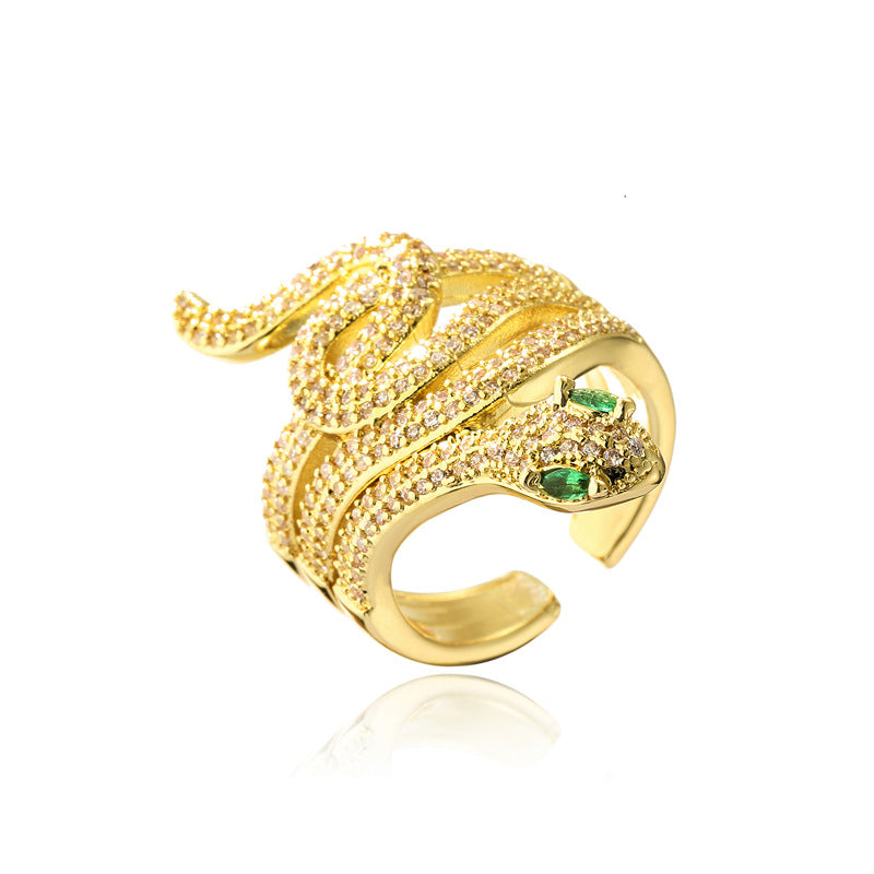 INS Style Geometric Snake Shape Copper Ring with Micro-Pave Zirconia and 18K Gold Plating