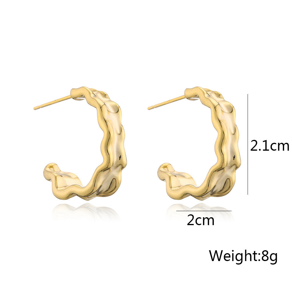 Orecchini a Onda Geometrica Irregolare in Rame con Placcatura in Oro 14K e Perni in Argento Sterling 925, Orecchini di Lusso alla Moda da Donna