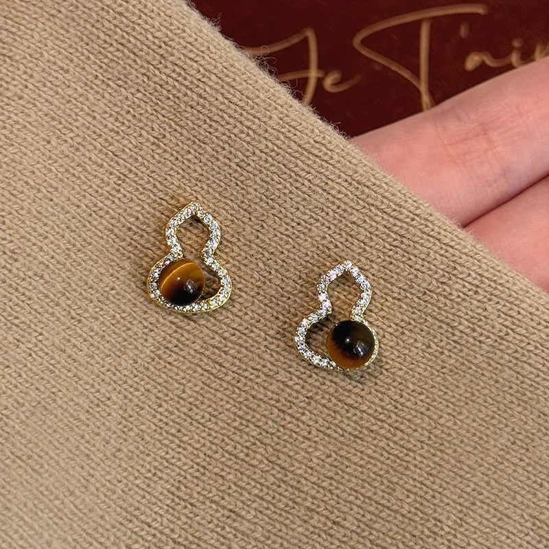 Orecchini a perno geometrici vintage in occhio di tigre, in acciaio placcato oro 18 carati da donna