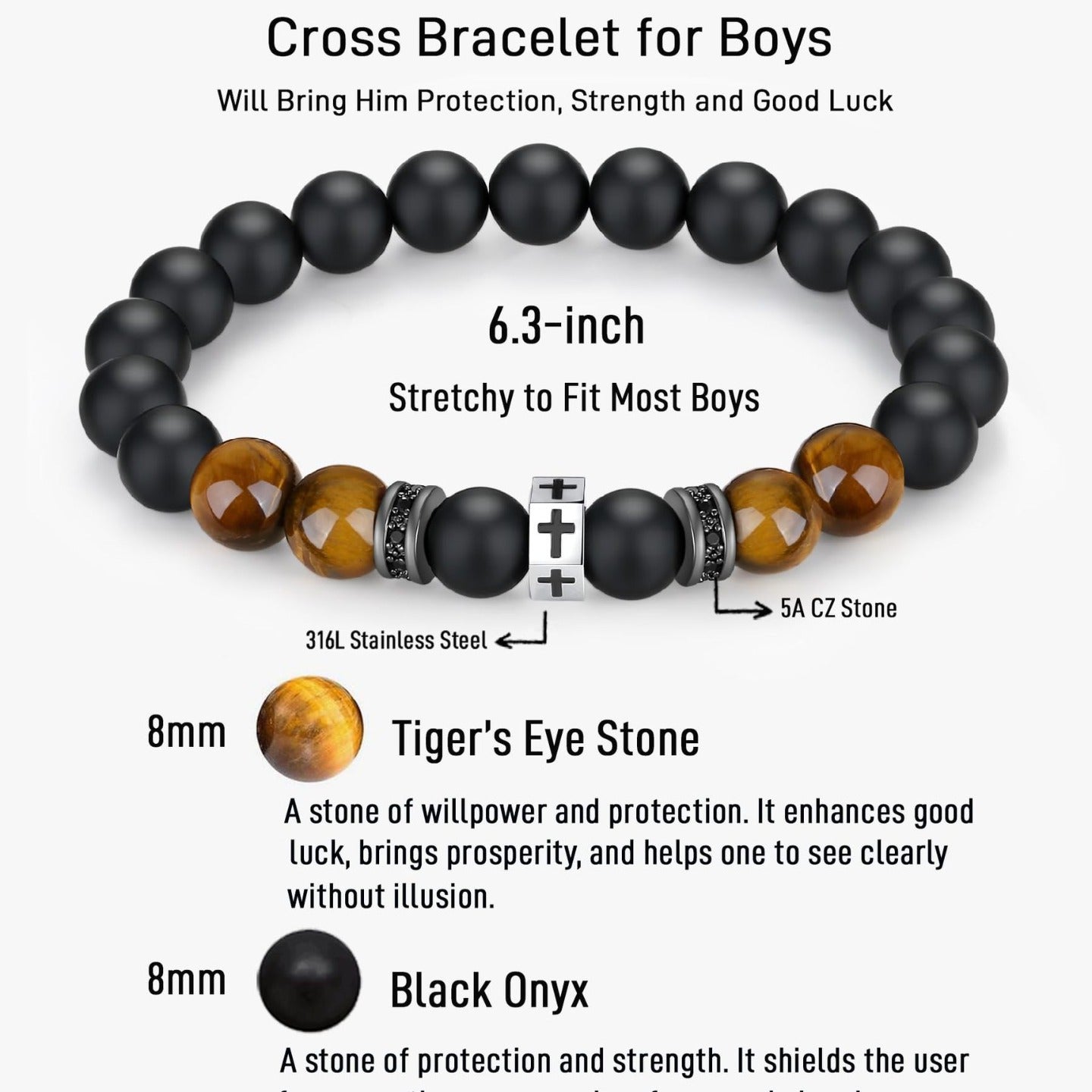 Matte Geometric Cross Tiger Eye Beaded Bracelet Stainless Steel Elastic Bangle