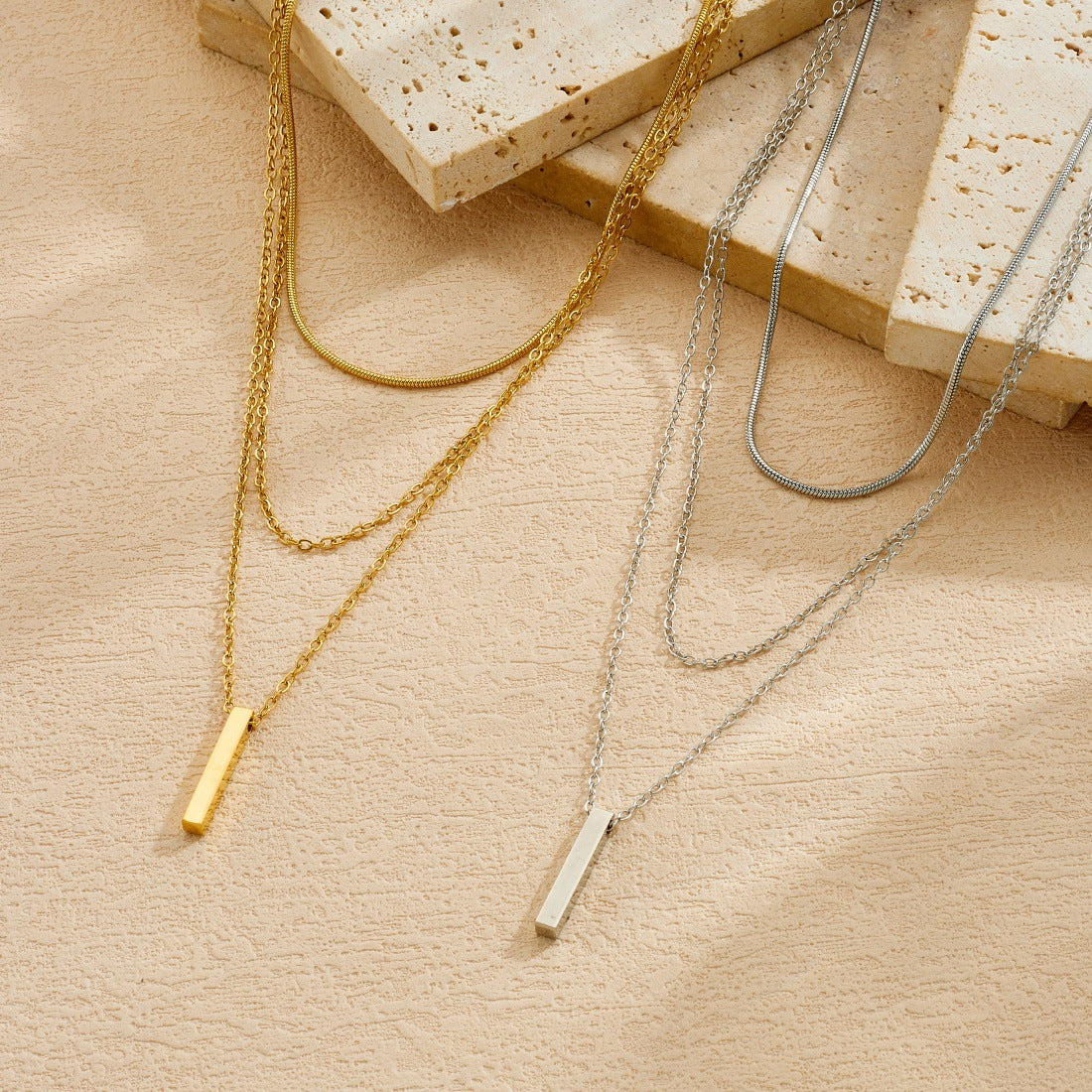 Minimalist Geometric Bar Pendant Gold Plated Stainless Steel Layered Necklace for Women