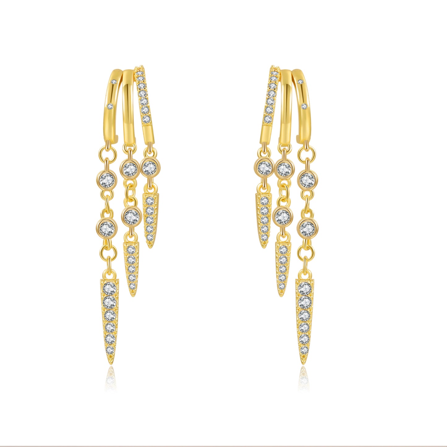 Hip-hop Gold Plated Brass Teardrop Round Cubic Zirconia Earrings with 925 Sterling Silver Posts for Women