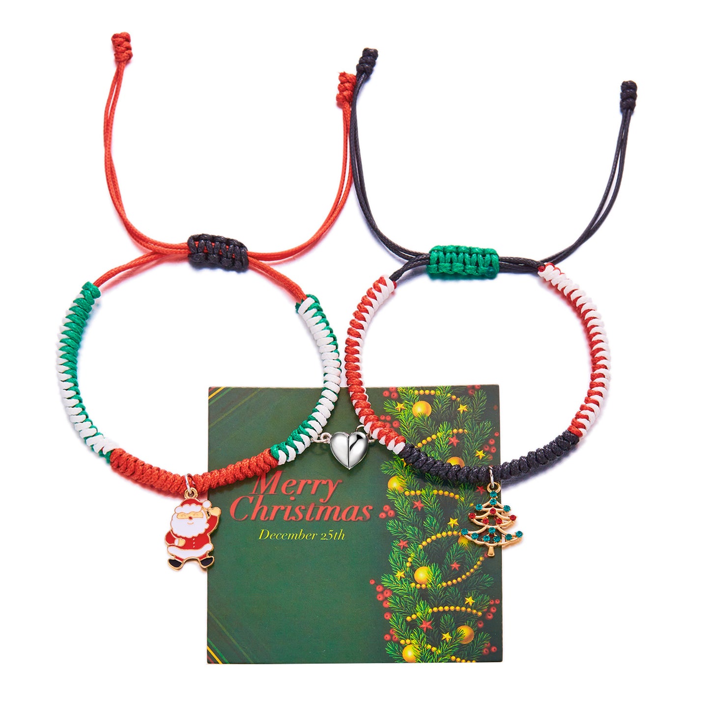 Adjustable Magnetic Clasp Bracelet with Santa Claus and Christmas Tree Charms, Handwoven Alloy Bracelet for Couples, Festive Holiday Jewelry