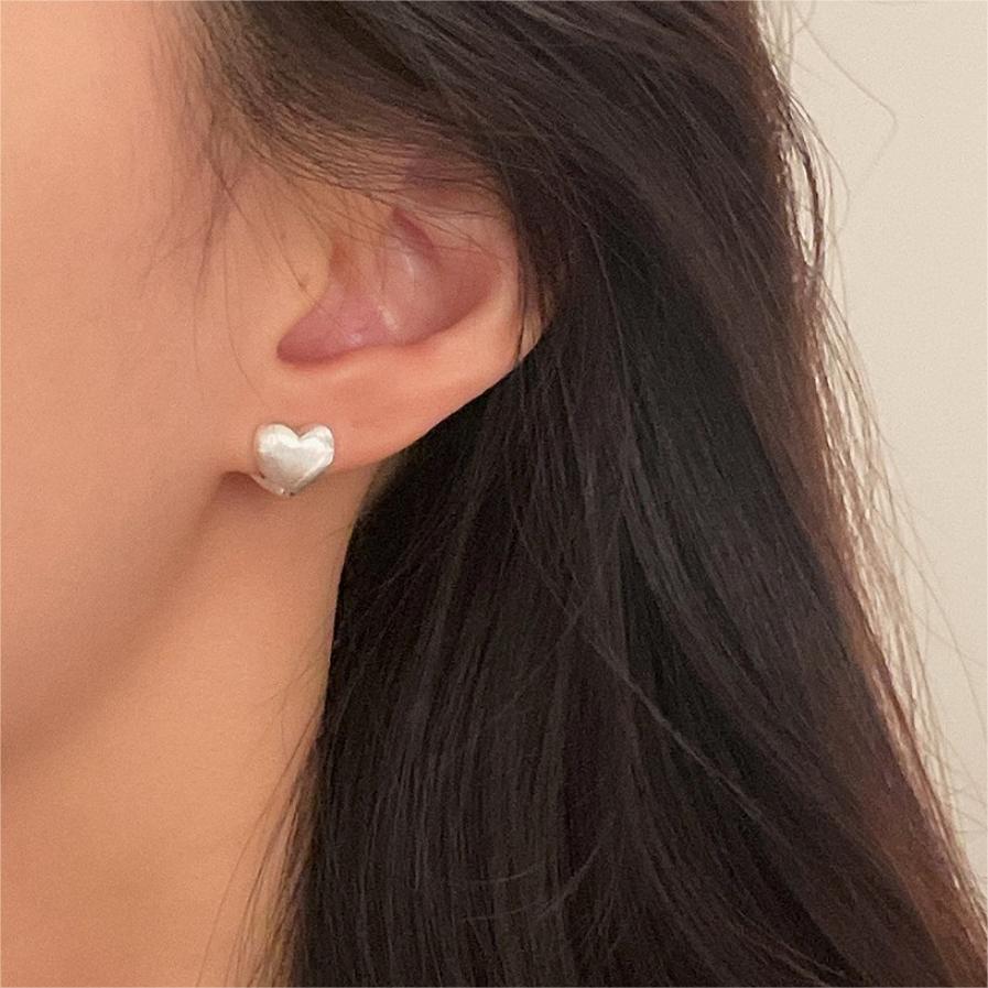 Minimalist Sweet 925 Sterling Silver Brushed Heart Earrings Geometric Design Gold Plated Option