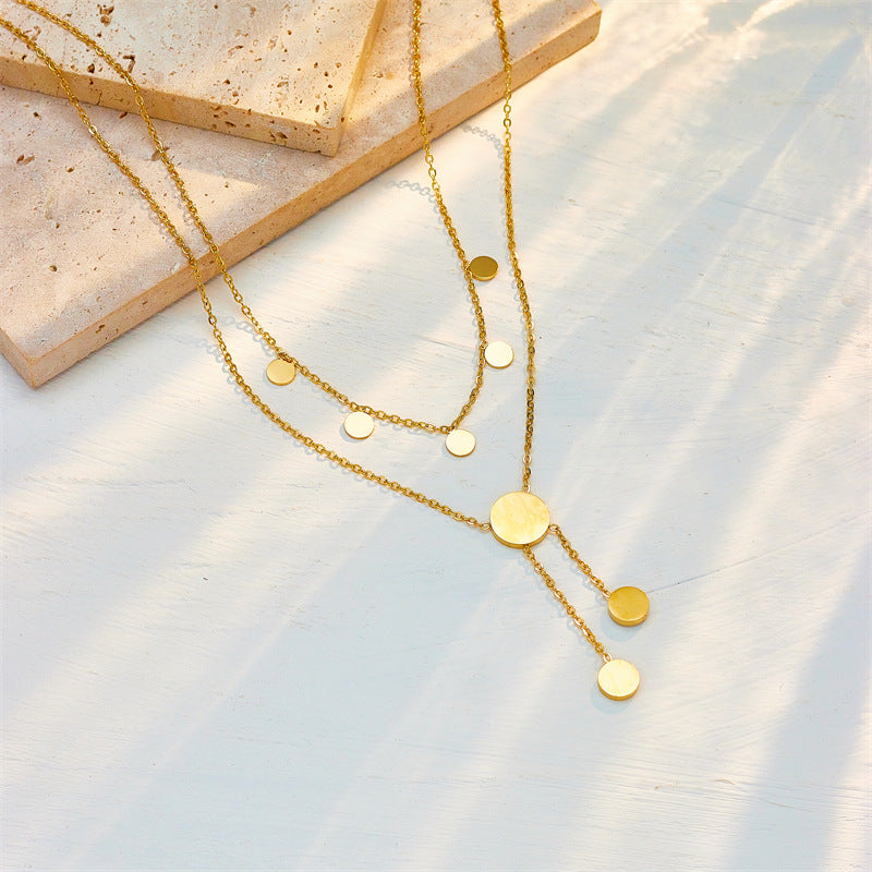 Minimalist Double-Layer Roman Round Pendant Titanium Steel Clavicle Necklace with Tassel Detail for Women
