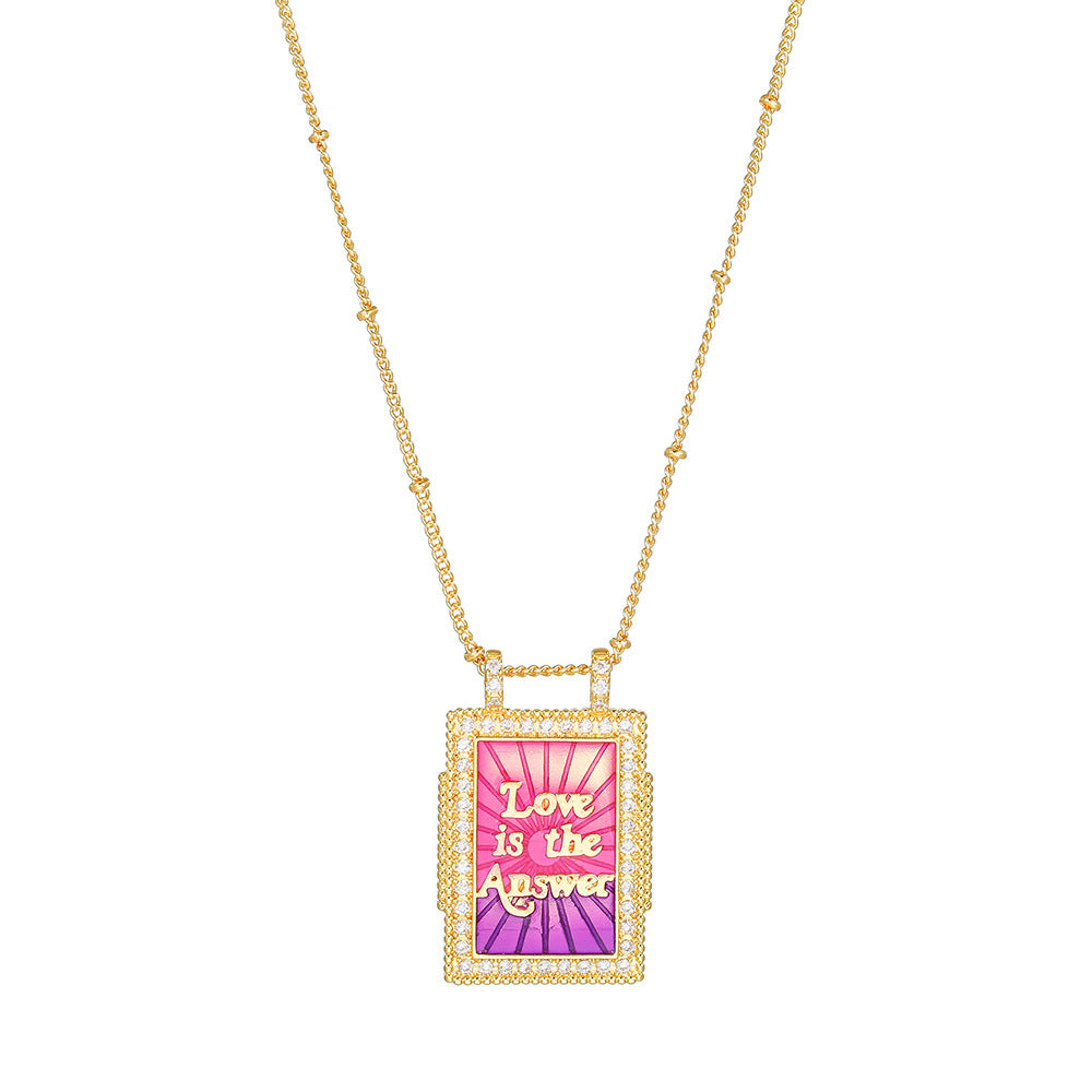 Geometric Gold Plated Brass Drip Oil Cubic Zirconia Inlay Tarot Necklace with Cable Chain
