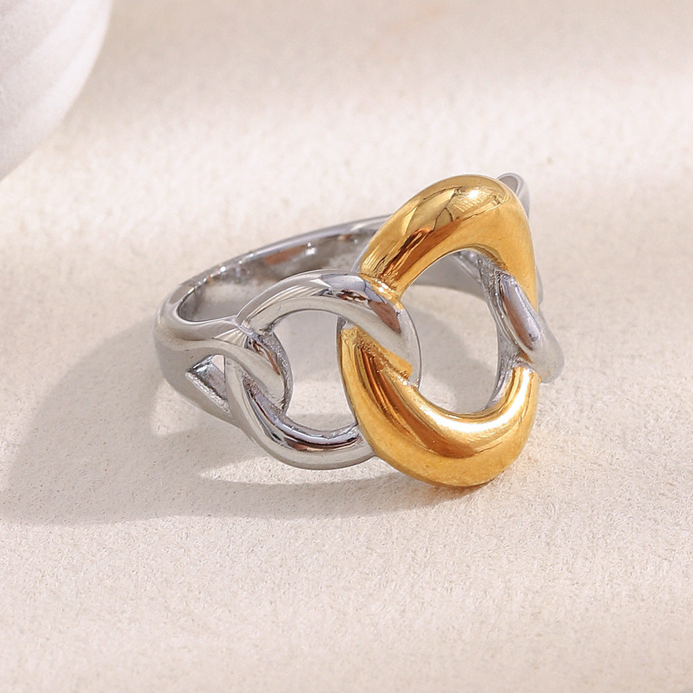 Anello da donna in acciaio inossidabile placcato oro 18 carati dal design geometrico minimalista con catena circolare