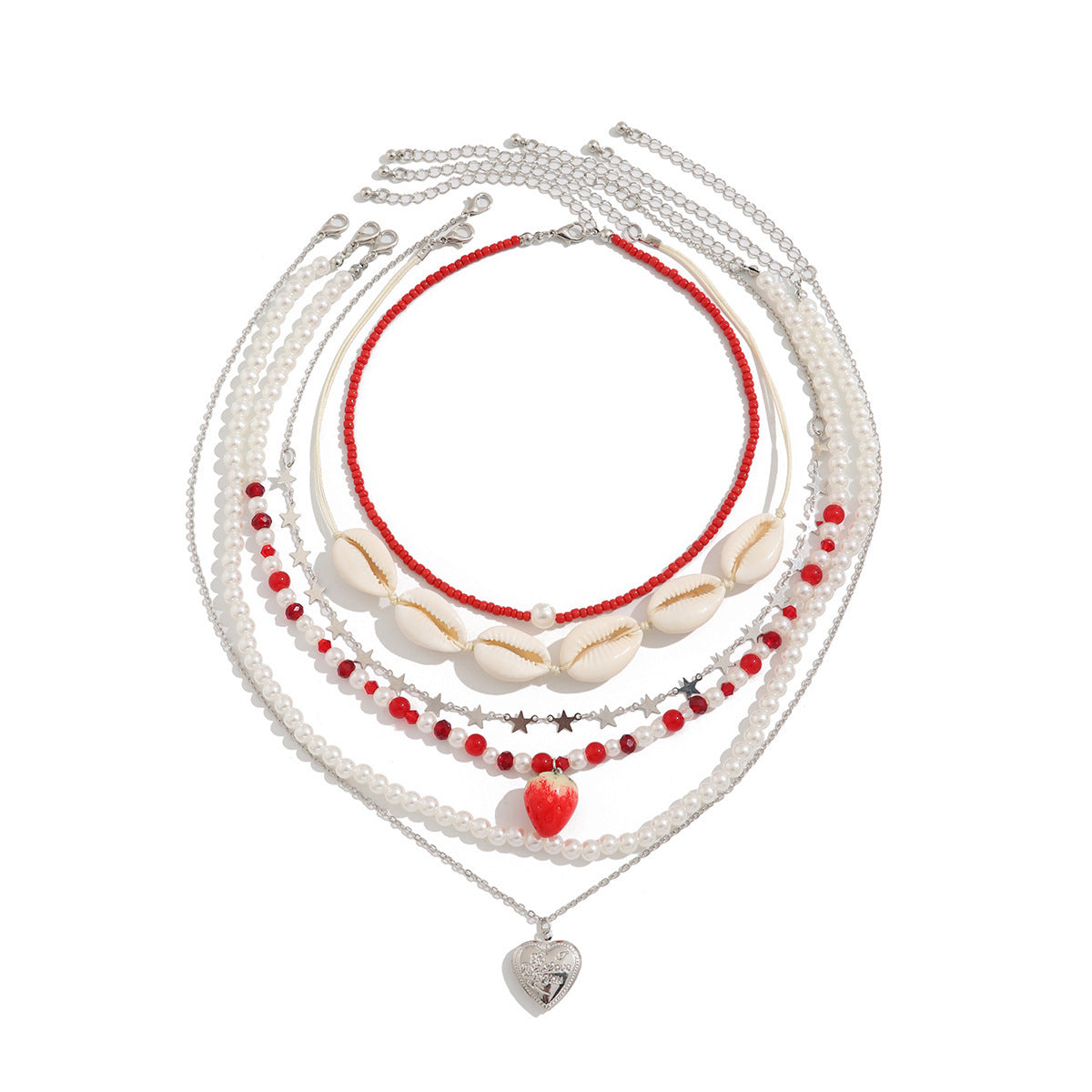 Set di collana da donna con conchiglie e perle a tema boho da spiaggia con ciondolo a cuore