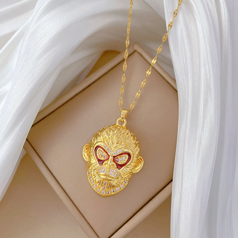 Cartoon Style Moon-Shaped Geometric Pendant Necklace for Women and Men in Titanium Steel with Rhinestone Inlay and Delicate Clavicle Chain