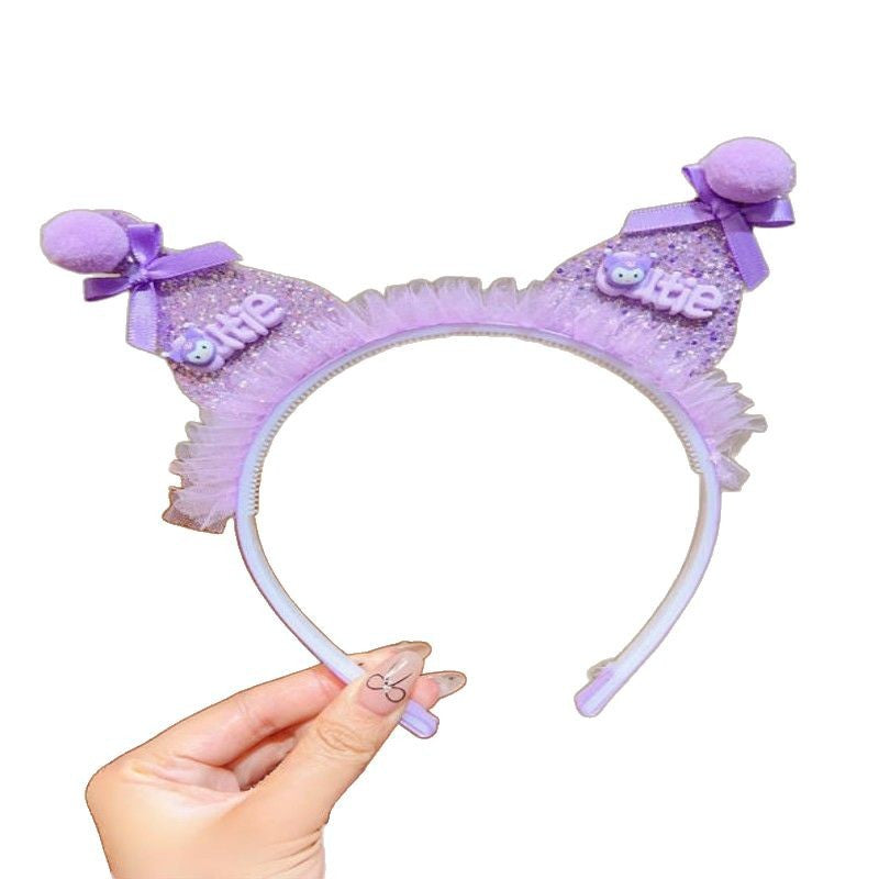 Cute Sanrio Kuromi Hairband for Girls with Bow Design Fabric Headband Sweet Cartoon Hair Accessory for Children Aged 6–10