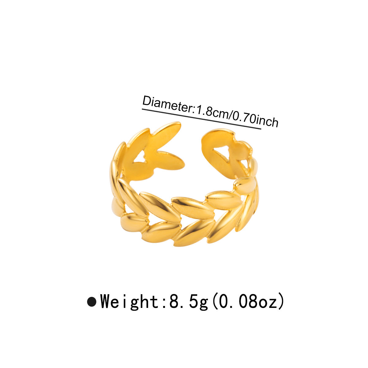 Anillo abierto de acero inoxidable con diseño minimalista de corazón y espiga de trigo para mujer con acabado chapado