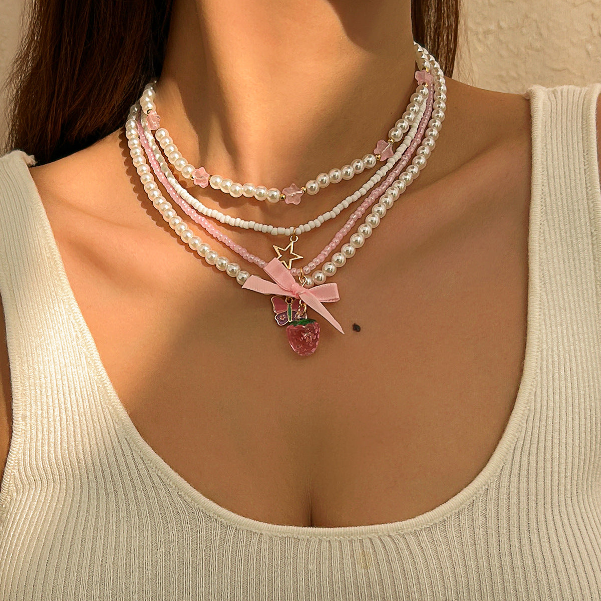 Pastel Floral Strawberry Pendant Necklace with Star and Wing Motifs in Alloy with Pearlized Finish for Women