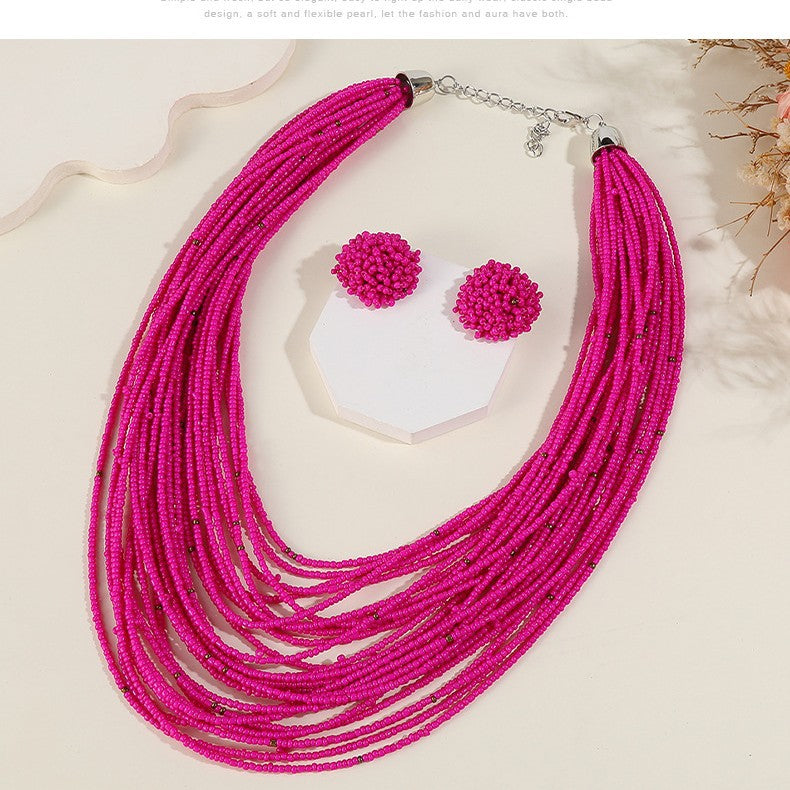 Bohemian Multi-Layer Glass Seed Bead Necklace and Earrings Set for Women with Line Pattern and Ethnic Design