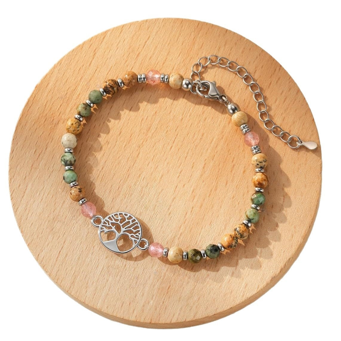 Minimalist 4mm Faceted African Turquoise Tree of Life Stainless Steel Bracelet for Women