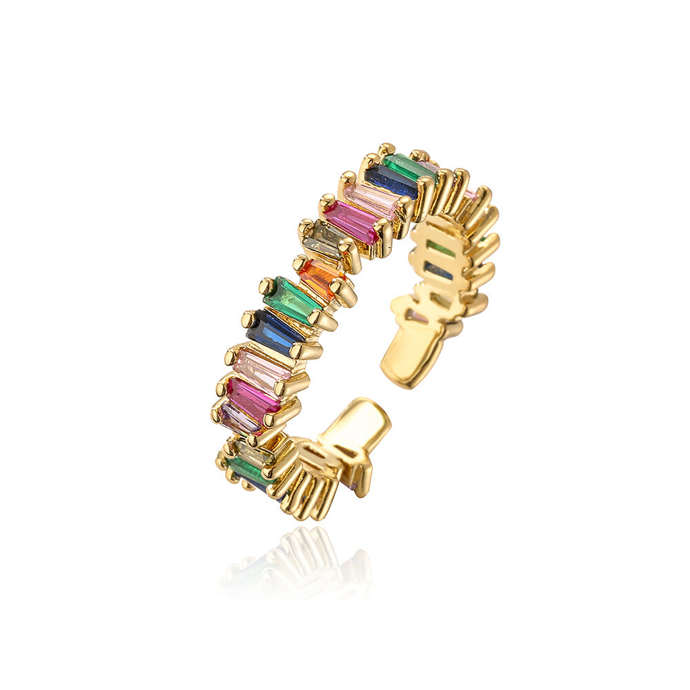Minimalist Geometric Copper Ring with 18K Gold Plating and Colored Zircon Inlay for Women