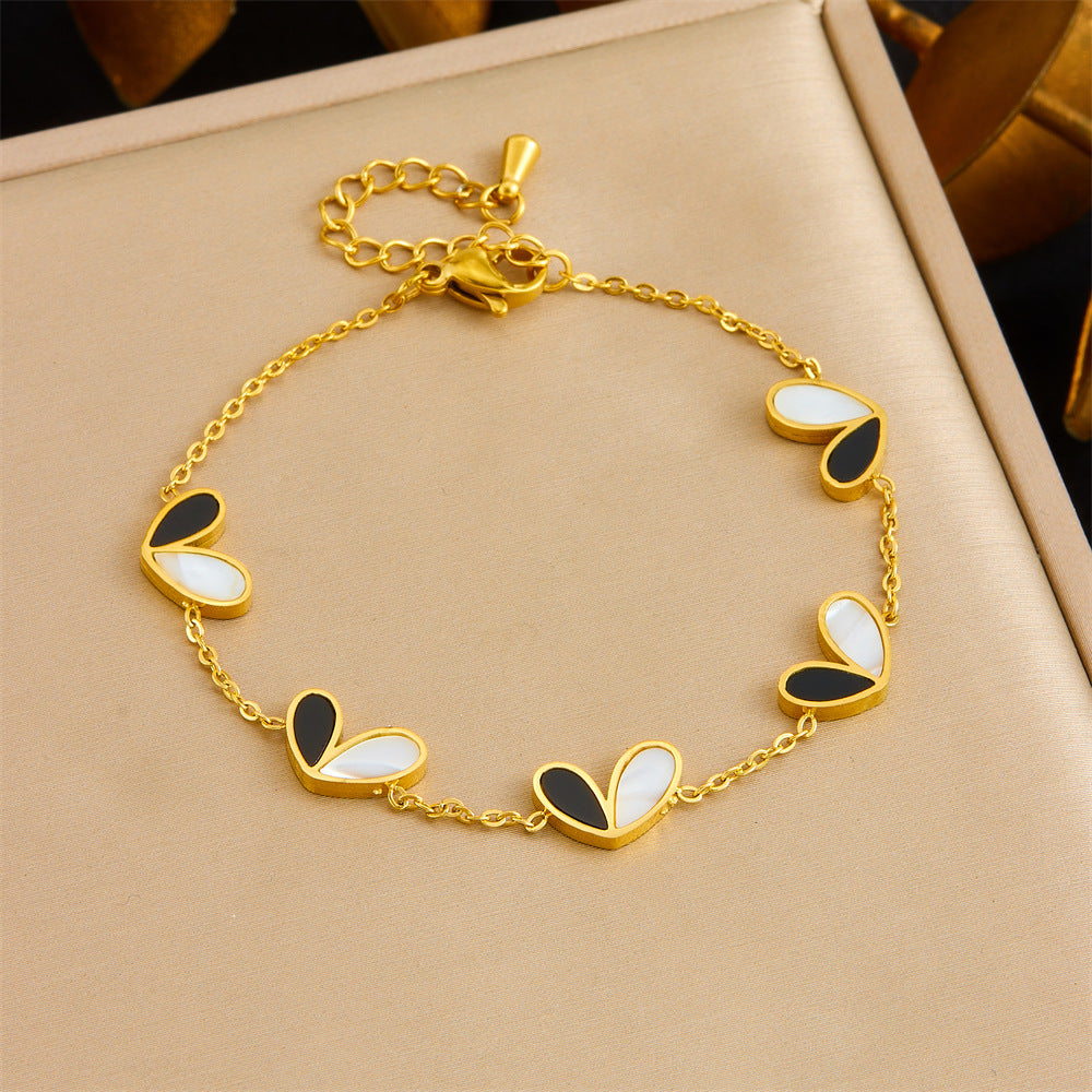 Minimalist Elegant Black and White Two-Tone Heart Stainless Steel Plated Necklace Earring Bracelet Set with Cable Chain