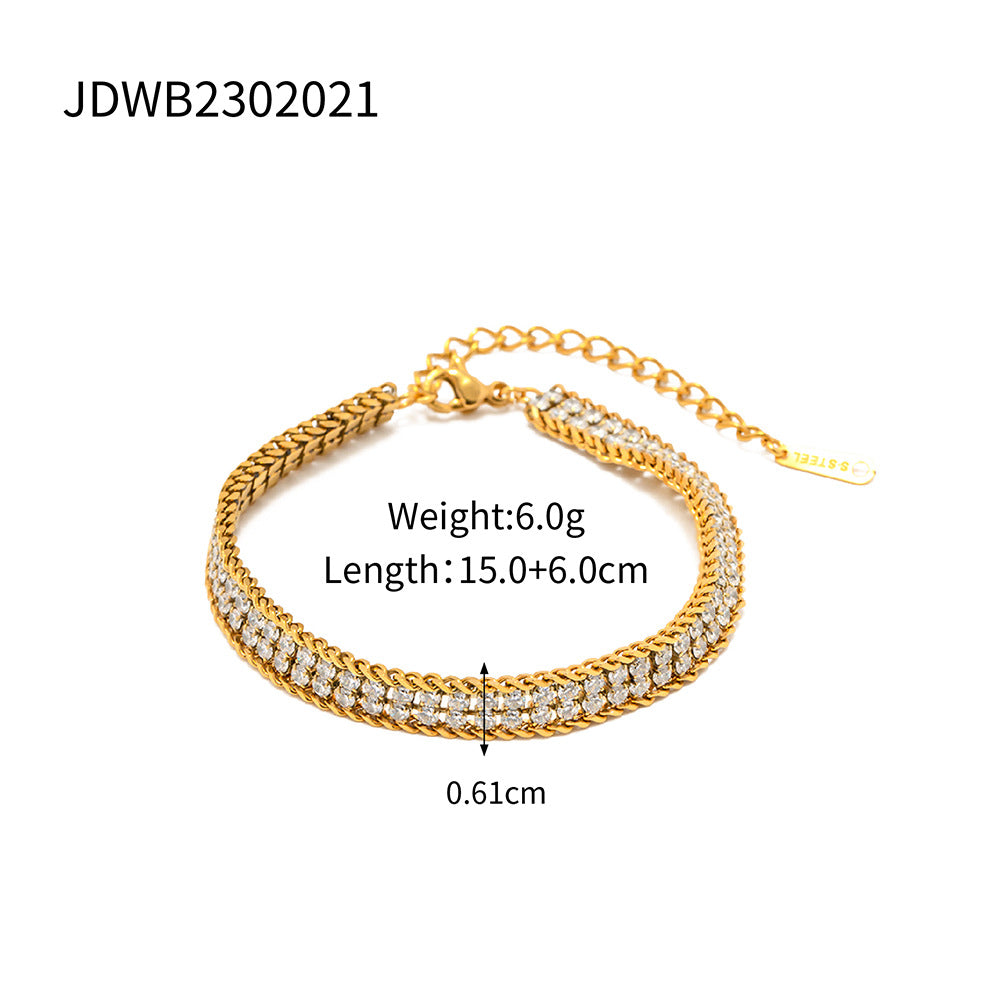 Minimalist Geometric Stainless Steel Bracelet with 18K Gold Plating and White Zirconia Accents