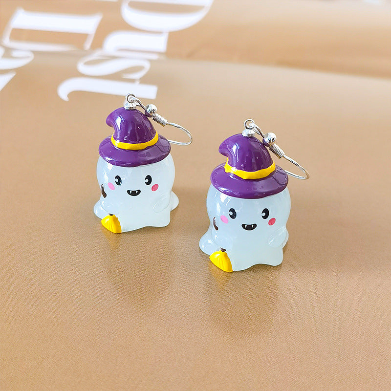 Orecchini a perno a forma di fantasma da cartone animato per donne, in resina e fatti a mano, per Halloween