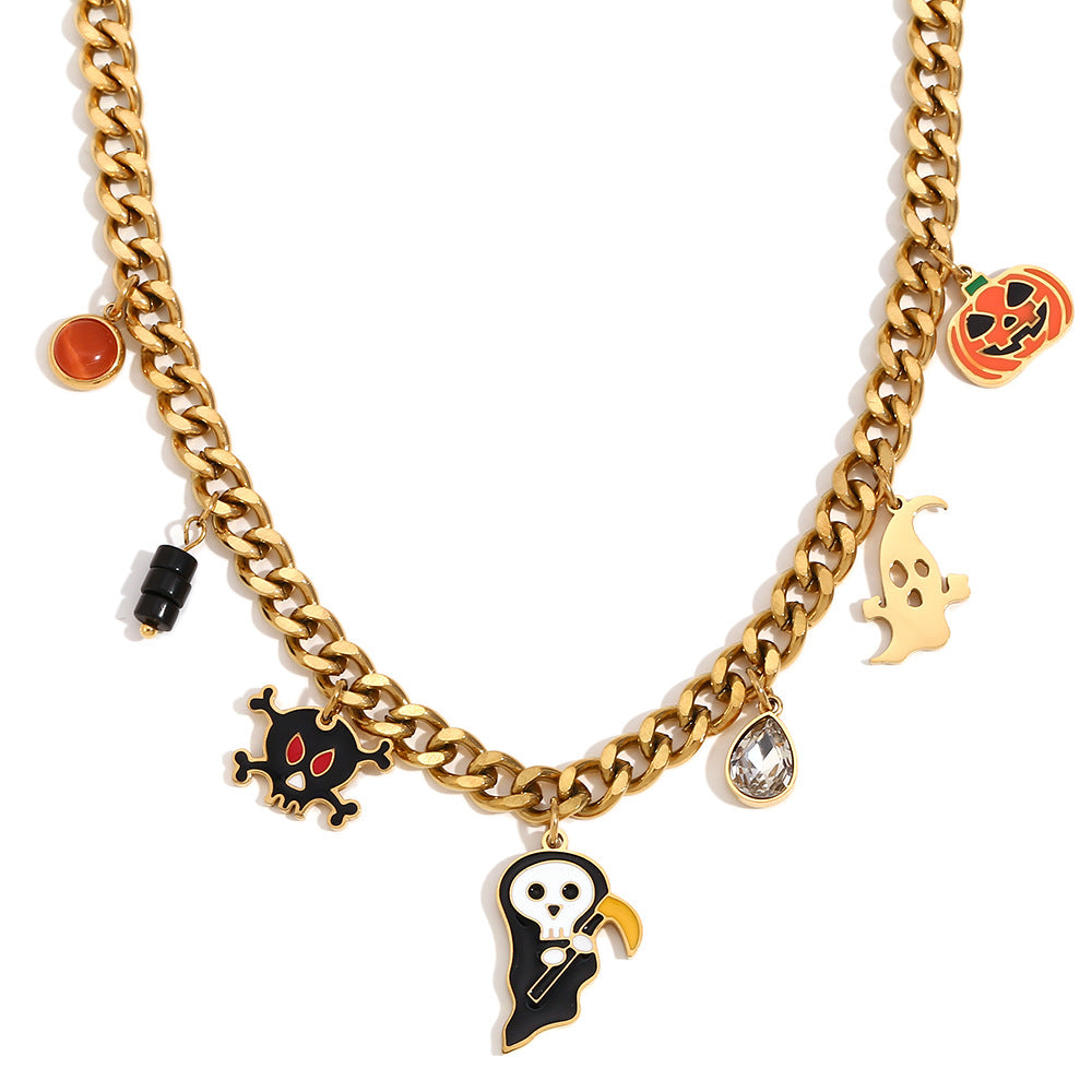 Creative Ghost Pendant Necklace for Women Stainless Steel with 18K Gold Plating Halloween-Themed Cartoon Design on Cuban Chain
