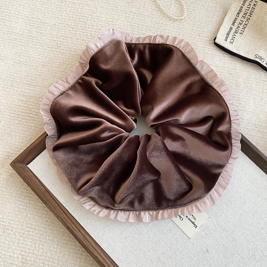 Elegant French-Style Fabric Hair Tie with Lace Trim, High-Elasticity Spiral Scrunchie for Women, Geometric Round Design, Luxury Casual Office Accessory