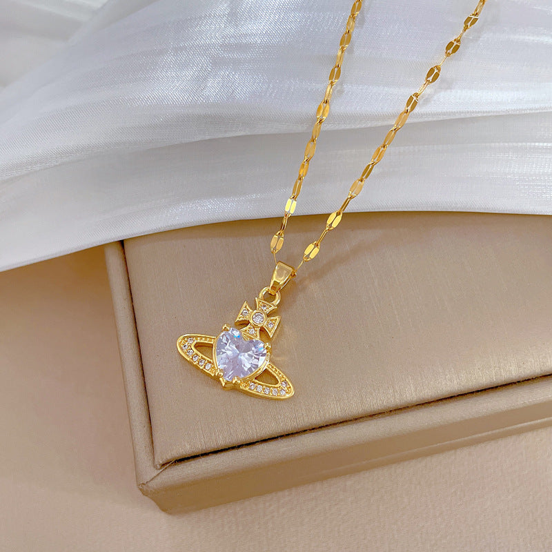 Collana con ciondolo a luna e cuore geometrico minimalista in acciaio al titanio con strass completi per uomo e donna