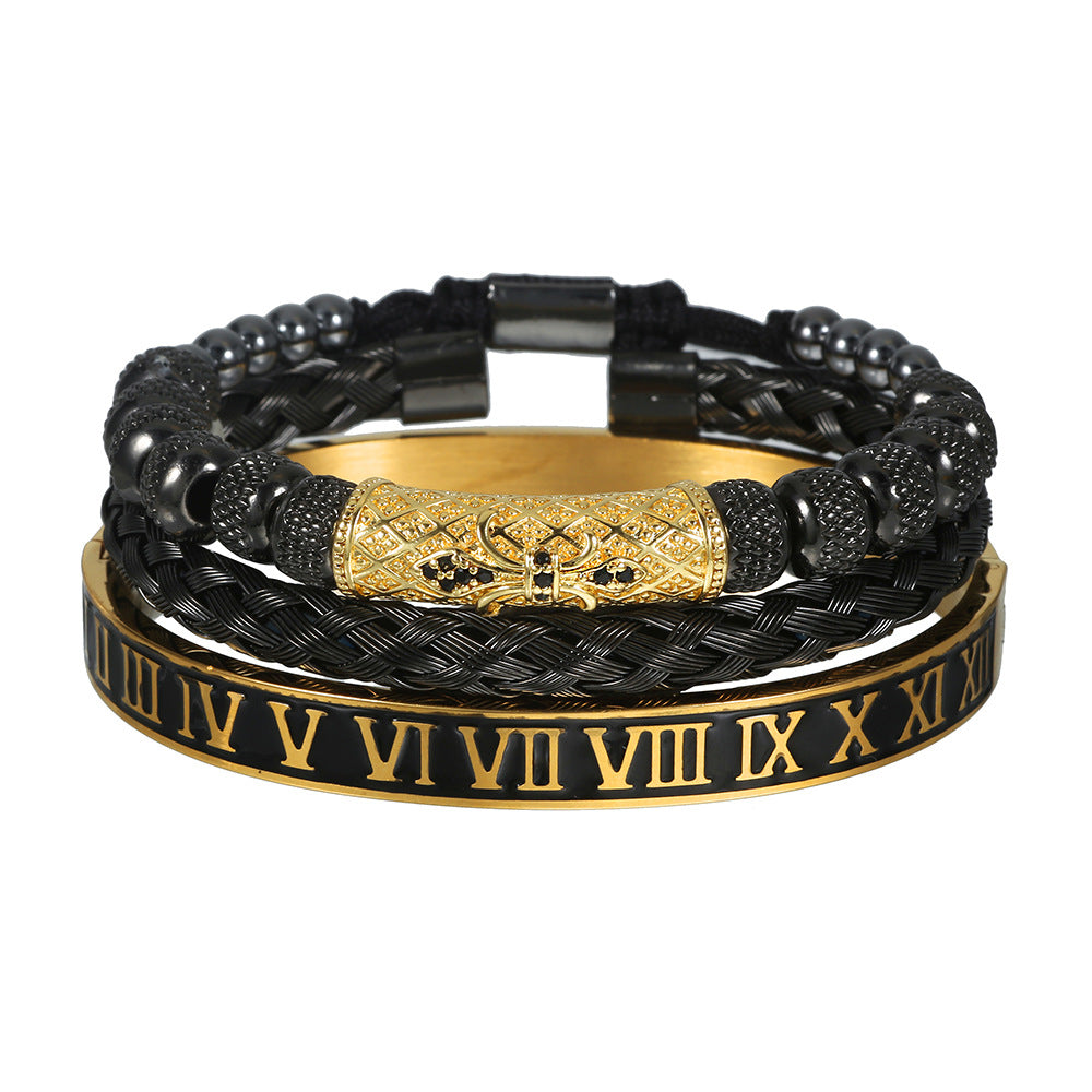 Vintage Geometric Letter Woven Stainless Steel Bracelet with Cubic Zirconia and Drip Oil