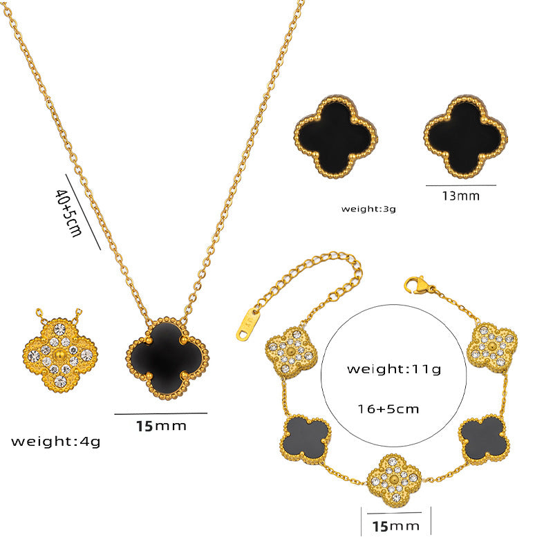 Elegant Four-Leaf Clover Bracelet in Titanium Steel with Rhinestone Inlay, Dual-Wear Design for Women and Men, Electroplated for Hypoallergenic Wear
