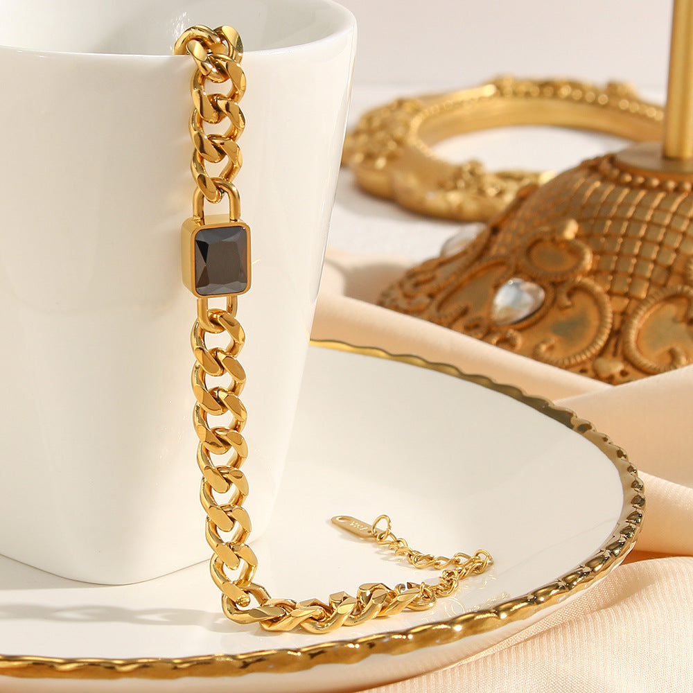 Bracciale a catena cubana geometrico alla moda in acciaio inossidabile da donna con placcatura in oro 18 carati e inserti in zirconi