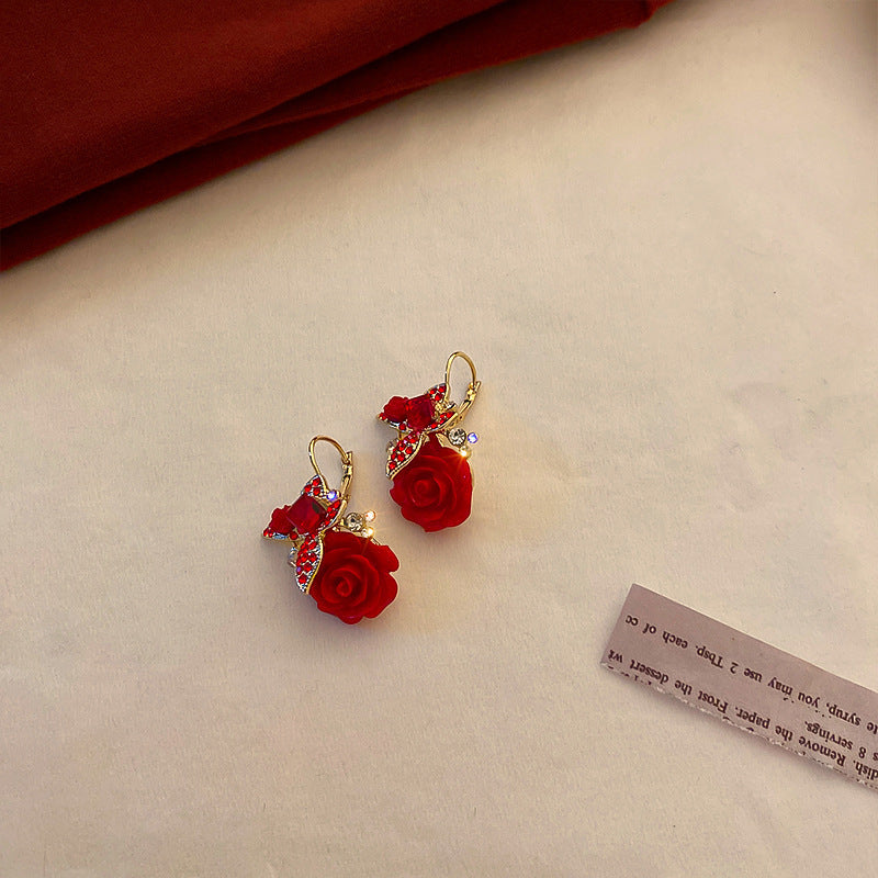 Elegant Geometric Dangle Stud Earrings for Women with Red Tassels, Alloy Base and Gold Plated Finish