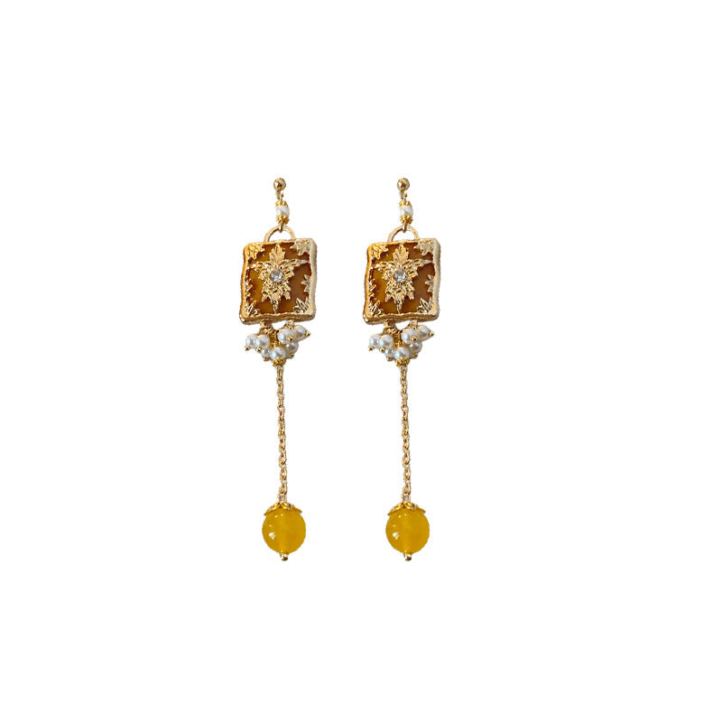 Chic Floral and Geometric Square Pearl Stud Earrings with Rhinestone Inlay and 925 Sterling Silver Posts