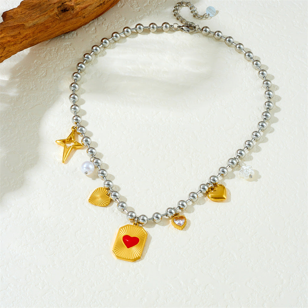 Sweet Cross Heart Bow Drip Oil Eye Pendant Stainless Steel Ball Chain Necklace for Women